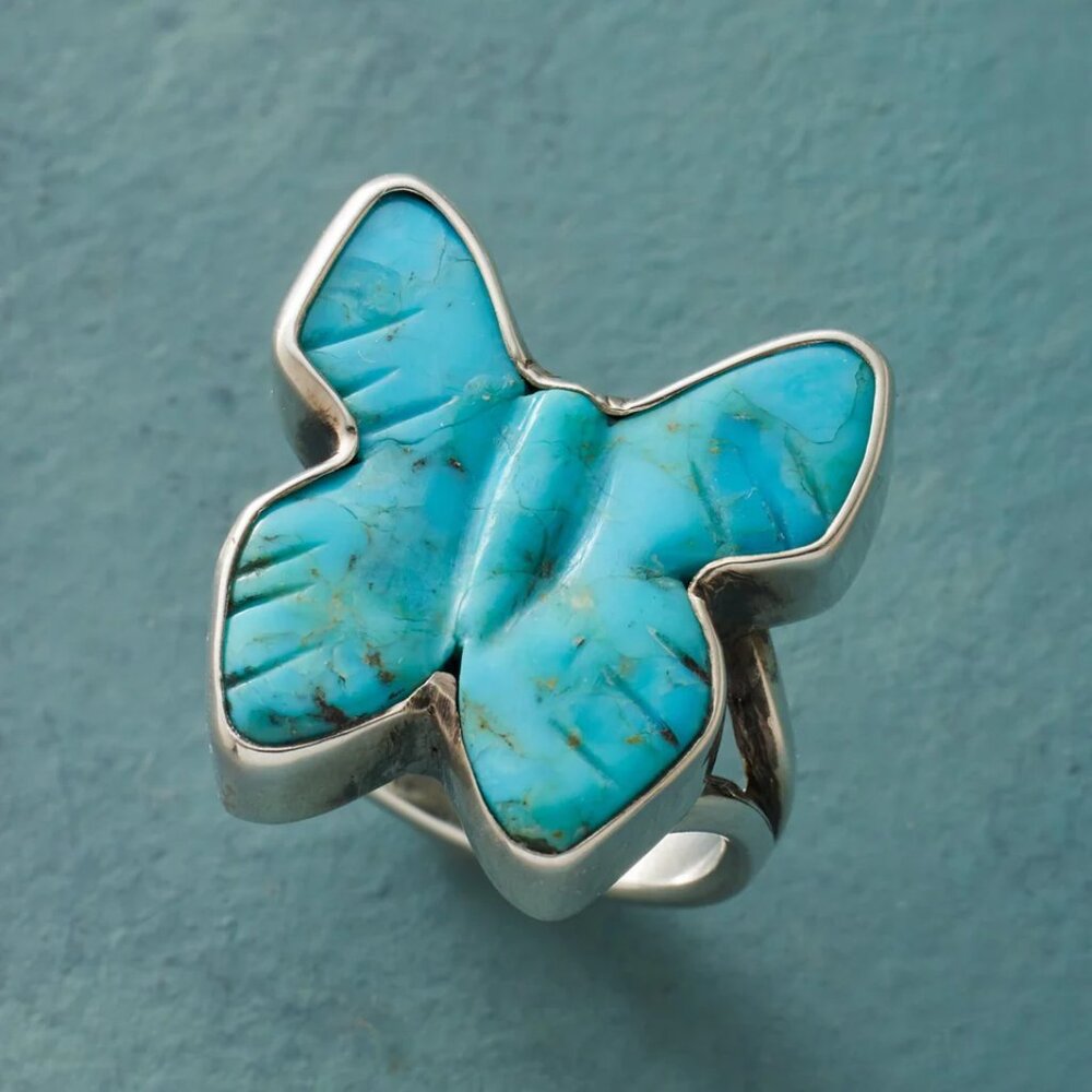 Carved Turquoise Butterfly Ring 925 Sterling